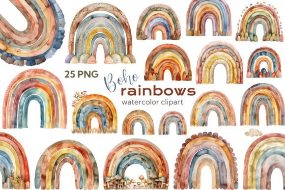 Download Boho Watercolor Rainbow Clipart Bundle - Watercolor rainbow Collection