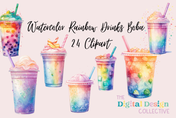 Download Watercolor Rainbow Drinks Boba Bundle - Premium Resources